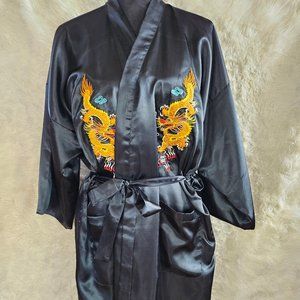 Huahong Mei Unisex Black Satin Asian Dragon Embroidery Long Bathrobe Kimono